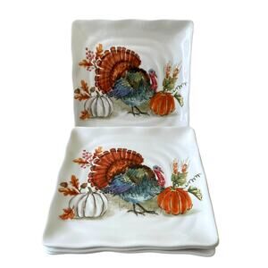 MAXCERA Thanksgiving Turkey Pumpkin Salad Plates 8.5in Square Fall Harvest New
